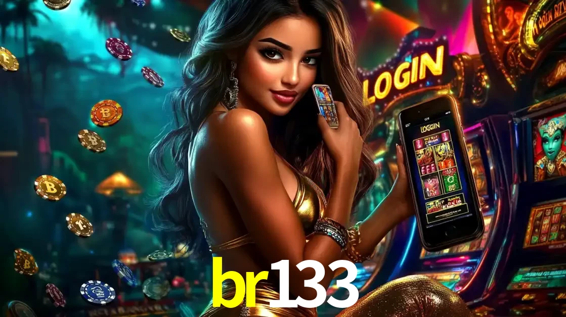 Mulher em um cenário de cassino temático de aventura, mostrando o app de caça-níqueis da br133 no celular. Fichas de apostas flutuam ao redor.